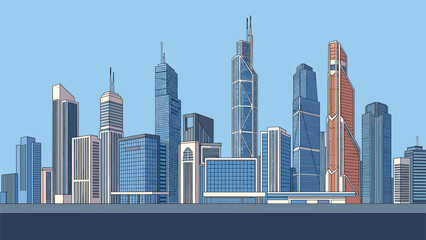 Fototapeta premium Colorful comic book style illustration of a modern city skyline featuring detailed skyscrapers and buildings against a clear blue sky.