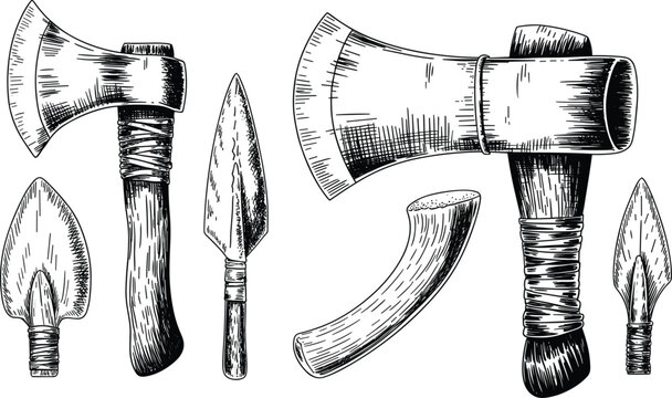 Primitive stone age tools, weapons vector set with hand drawn ancient axes and sharp spearheads