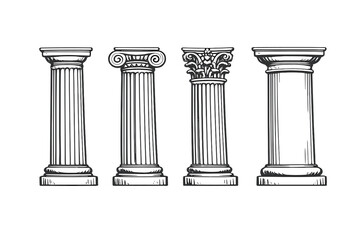 Obraz premium A black and white illustration featuring four different classical architectural columns, including Doric, Ionic, and Corinthian styles, set against a solid black background.