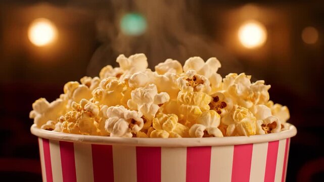 Freshly Popped Popcorn in a Striped Container at the Cinema.