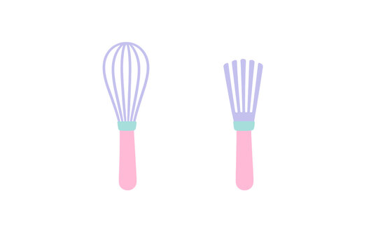 A flat illustration of two kitchen whisks with pink handles and purple wires on a black background. One whisk is a balloon style and the other is a flat sauce whisk.