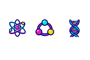 Fototapeta premium Three colorful scientific icons representing an atom, a molecular structure, and a DNA double helix are displayed against a solid black background in a minimalist vector style.