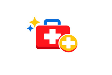 Obraz premium This flat design illustration features a red medical bag with a blue handle and a black cross, plus a yellow circle with a white cross and two stars on a black backdrop.