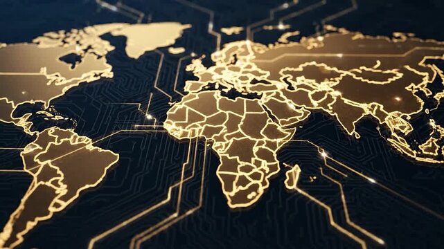 Digital world map with glowing golden borders and circuit board texture