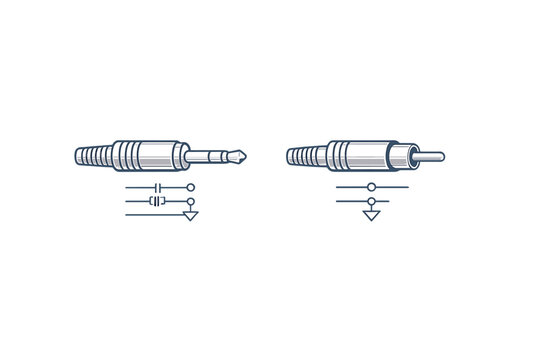 A technical illustration featuring a TRS jack and an RCA connector alongside their corresponding electronic circuit symbols, presented in a clean graphic style on a dark backdrop.