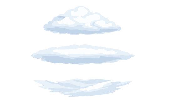 A collection of three white cloud illustrations displayed on a black background. The set features a fluffy cumulus shape, a long flat cloud, and a thin wispy layer of vapor.