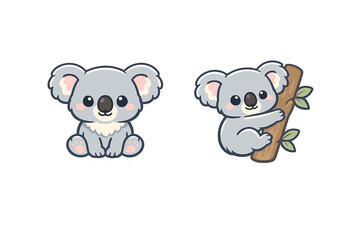 Obraz na płótnie Canvas Two adorable cartoon koala stickers set against a black background. One koala sits facing forward, while the other climbs a tree branch with small green leaves.