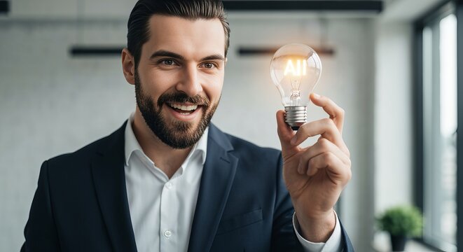 Dynamic businessman in formal suit enthusiastically presenting innovative ideas to engaged audience.