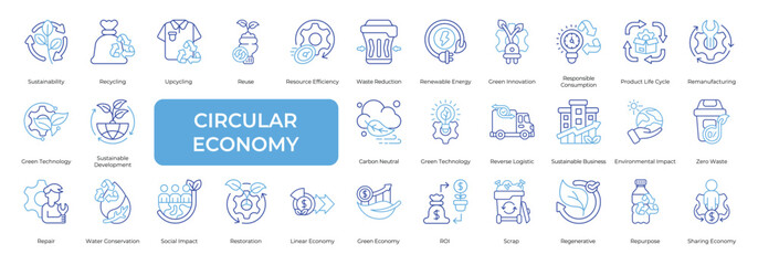 Circular Economy Icon set Collection in Line Two Color Style. sustainability, recycling, upcycling, reuse, efficiency, resources, waste