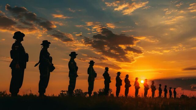 Video Group of soldiers standing in a line at sunset