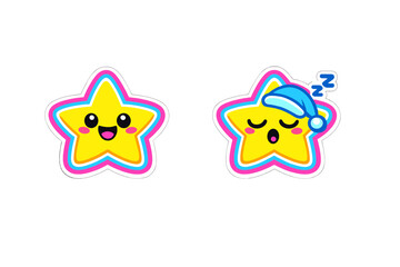 Fototapeta premium Two cute yellow cartoon stars with colorful outlines are shown on a black background. One star is smiling happily while the other is sleeping with a blue nightcap and zzz symbols.