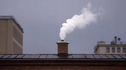 White smoke billows from a brick chimney atop a rooftop against an overcast sky
