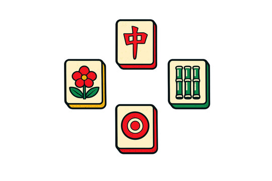 An illustration of four mahjong tiles arranged in a cross shape on a black background, featuring a red dragon, a flower, a dot, and bamboo symbols in a stylized graphic design.