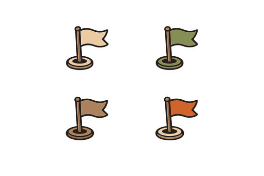 Four stylized flag stickers in beige, green, brown, and orange colors are arranged in a grid. Each icon features a simple flag on a pole with a round base and a thick white outline.