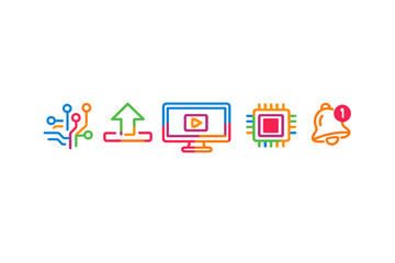 Fototapeta premium A set of five vibrant, multi-colored technology icons including a circuit, upload arrow, video monitor, computer chip, and notification bell, all set against a solid black background.