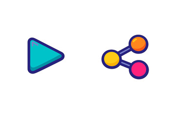 A stylized teal play button icon and a colorful share icon with yellow, orange, and pink circles are displayed against a solid black background in a flat vector illustration style.