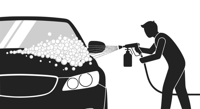 Worker spraying active foam on a car silhouette: Design for car wash signage, auto detailing services, or maintenance service flyers. Transparent background SVG version.