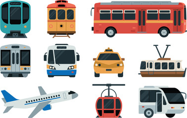 City public transport vehicles vector illustration set with bus tram train taxi airplane cable car