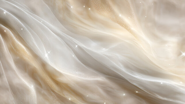 Flowing ethereal textile creating a soft wavy abstract background, showcasing delicate textures with sparkling glitter and shimmering light, providing a luxurious backdrop