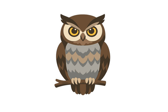 A stylized illustration of a brown and grey owl with large yellow eyes perched on a wooden branch against a solid black background. The bird has a stern expression and layered feathers.