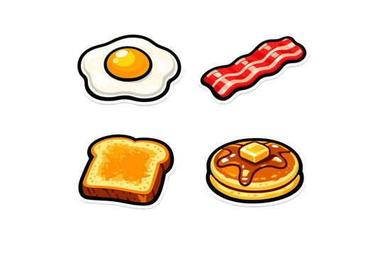 A collection of four breakfast food stickers featuring a sunny side up fried egg, crispy bacon strips, a slice of buttered toast, and a stack of pancakes with syrup and butter.