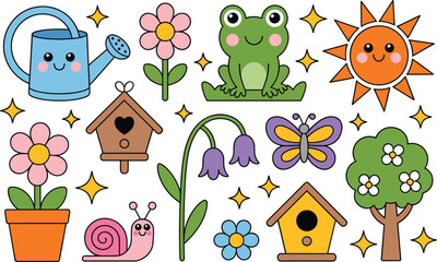 Cute spring garden cartoon vector set with frog sun flowers butterfly snail birdhouse and watering can © Khadiza