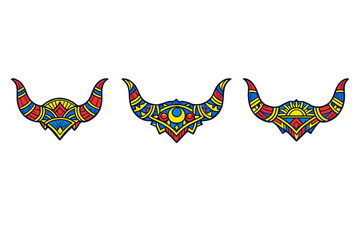Three stylized tribal horn icons with intricate geometric patterns in red, blue, and yellow. Each design features celestial symbols like the sun and moon on a black background.