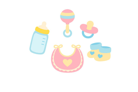 A collection of cute baby items including a feeding bottle, a rattle, a pacifier, a pink bib with a heart, and a pair of yellow booties, all illustrated in a soft pastel color palette.