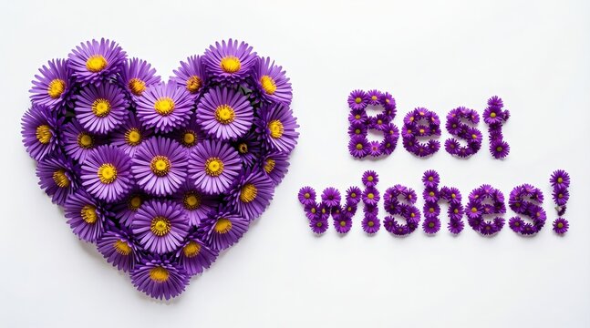 Aster heart arrangement of purple flowers with yellow centers on white background. Concept of celebration for Valentine's Day, International Women's Day with heartfelt wishes.