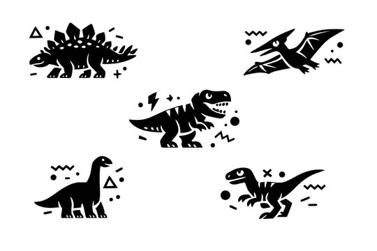 A collection of five hand-drawn dinosaur illustrations featuring a Tyrannosaurus Rex, Stegosaurus, Pterodactyl, Brachiosaurus, and Velociraptor in a minimalist black and white doodle style.