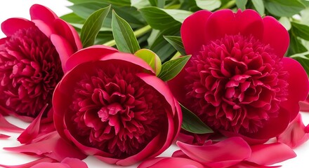 Vibrant red peonies with green leaves and petals on white background flowers