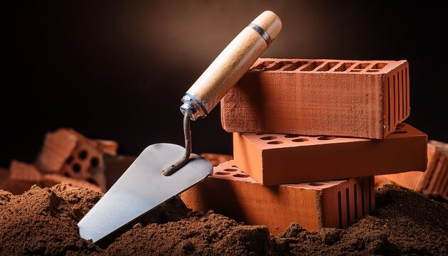close up of a trowel beside a stack of bricks on dark soil showcasing tools used in construction and building
