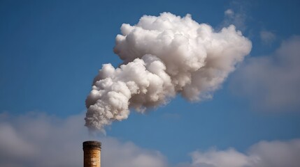 White smoke billowing from an industrial chimney against a clear blue sky with faint clouds