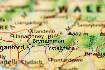 Naklejka premium Macro road map showing Ystalyfera and Brynamman area.