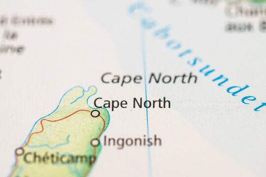 Close up map of Cape North Newfoundland coastal navigation concept.