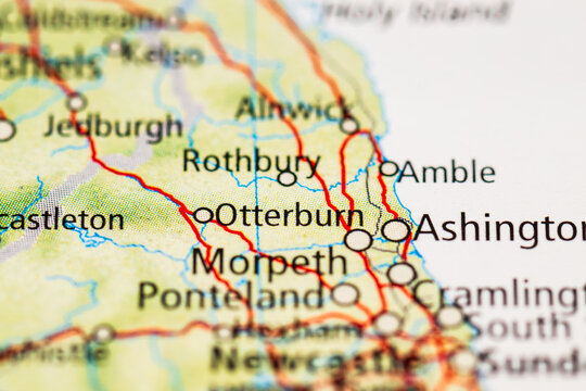Macro road map view of Northumberland towns Otterburn and Morpeth.