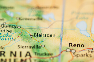 Printed road map detail featuring Blairsden Sierraville and Reno corridor.