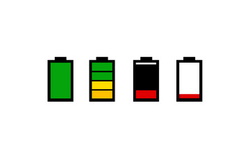 A set of four battery icons on a black background showing various levels of charge from full green to low red, representing power status and energy consumption levels.