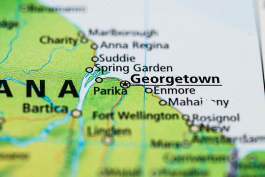 Georgetown Guyana city map closeup showing surrounding towns and roads.