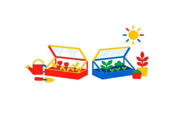 Naklejka premium This minimalist graphic features two colorful greenhouses with growing plants, a watering can, and a trowel. A stylized sun shines above the garden scene on a black background.