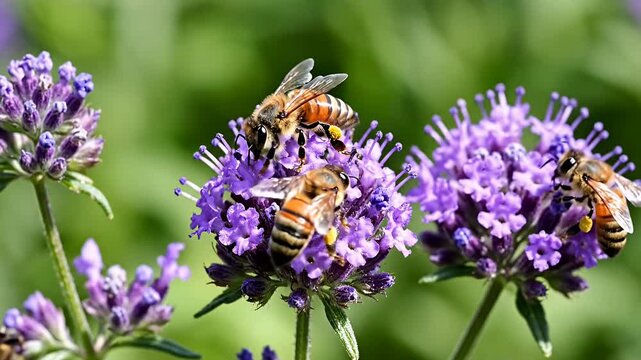 Three honeybees foraging on vibrant purple blossoms outdoors