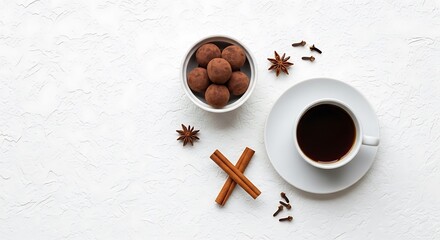White background with coffee cup truffles cinnamon and cloves