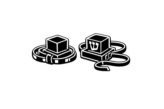 A white line art illustration of tefillin, traditional Jewish phylacteries, featuring two black boxes with leather straps and a Hebrew letter on a solid black background.