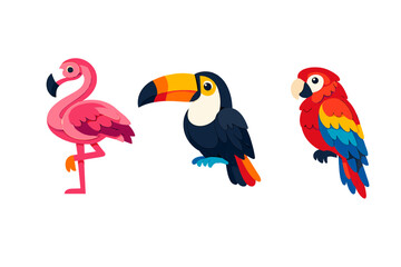 Fototapeta premium Three colorful tropical birds including a pink flamingo, a toucan, and a red macaw parrot are presented in a layered papercut art style against a solid black background.