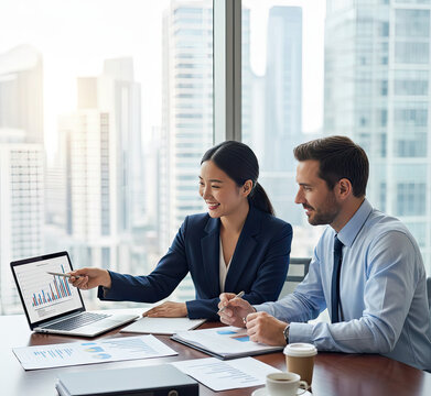Business professionals discussing financial data in modern office
