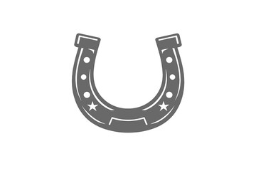 Naklejka premium A gray horseshoe icon with stars and circular holes is centered on a solid black background. This minimalist graphic represents luck, equestrian sports, and western themes.