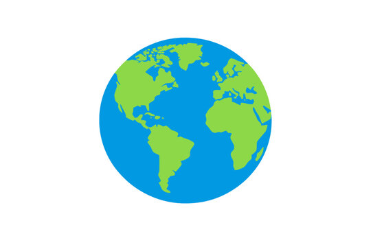 A flat vector illustration of planet Earth featuring green continents and blue oceans against a solid black background. The globe shows the Americas, Africa, and Europe in a simple style.