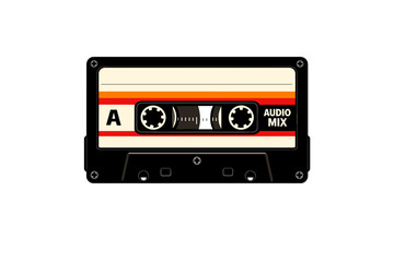Fototapeta premium A retro audio cassette tape illustration with a cream label featuring orange and red stripes. The black plastic casing has visible reels and the words audio mix on the side.