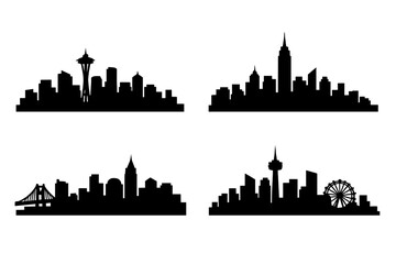 Fototapeta premium A minimalist black and white graphic featuring four separate panels, each displaying a unique jagged silhouette resembling mountain peaks or abstract data waveforms against a dark background.