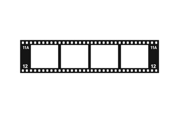 Fototapeta premium A black and white illustration of an analog film strip featuring four empty frames with sprocket holes and frame numbers. This graphic represents a classic photography element.